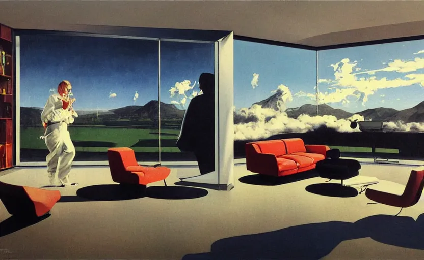 Image similar to a futuristic minimalist lounge room with a big window opening up to a wide open meadow with billowing clouds in the sky. highly detailed science fiction painting by norman rockwell, frank frazetta, and syd mead. rich colors, high contrast, gloomy atmosphere. trending on artstation.