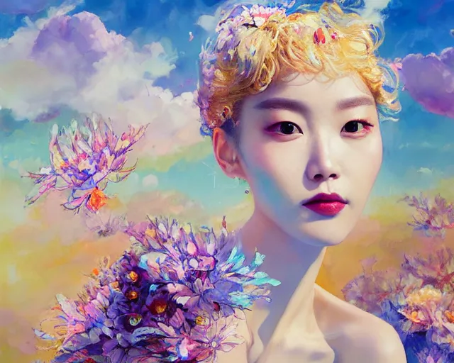 Image similar to lee jin - eun in elegant chic holographic dress emerging from gold gold by martine johanna, michael garmash and katsuhiro otomo, rule of thirds, seductive look, beautiful, cotton candy clouds, puyallup berteronian, himalayan poppy flowers, sea holly flowers, gorgeous, face anatomy, refined, masterpiece
