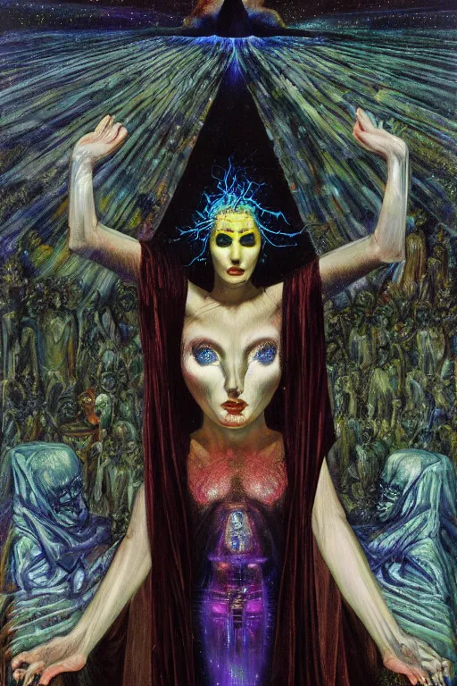 Image similar to gorgeous robed cult girl performing realism third eye ritual, dark theme night time, expanding electric energy waves into the ethereal realm, epic surrealism 8k oil painting, portrait, perspective, high definition, post modernist layering, by Ernst Fuchs, Gerald Brom