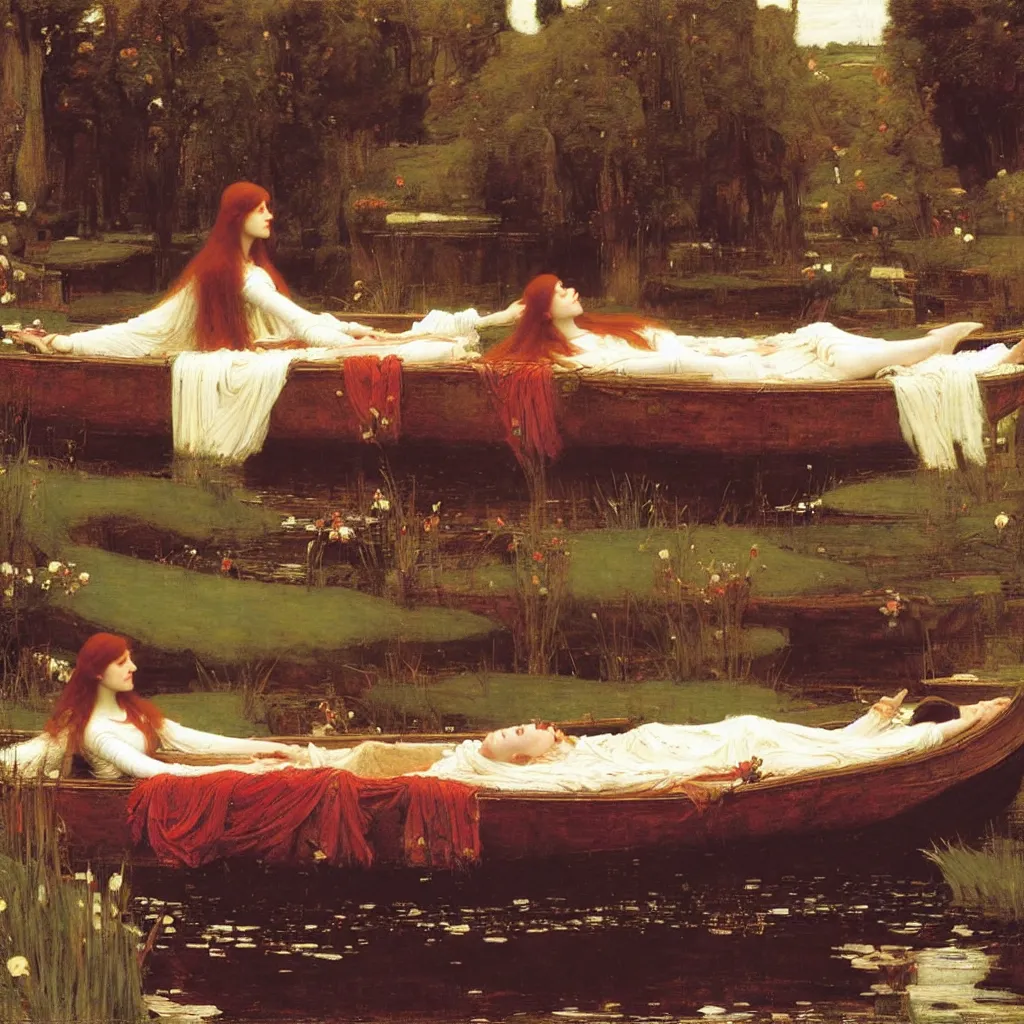 Prompt: the lady of shalott by john william waterhouse,