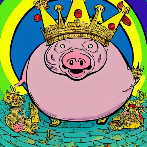 Prompt: trippy comic art of a obese pig wearing a gold crown holding a bottle, drawn by Martin Rowson, Tim Burton, Studio Ghibli, Alex Pardee, Nekro Petros Afshar, James McDermott, colors by lisa frank, unstirred paint, vivid color, cgsociety 4K