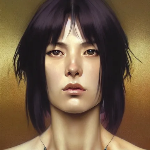 Image similar to Masterpiece head and shoulder portrait of Major Motoko Kusanagi from Ghost in the Shell drawn by Donato Giancola and Tom Bagshaw, face by Artgerm and Edmund Leighton, Alphonse Mucha, background by James Jean and Gustav Klimt, 4k, porcelain skin, komorebi, french nouveau, trending on pixiv, octane render, hyperrealistic