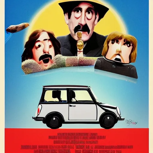 Prompt: A movie poster for Monty Python and the Slightly Too Small Mini Cooper