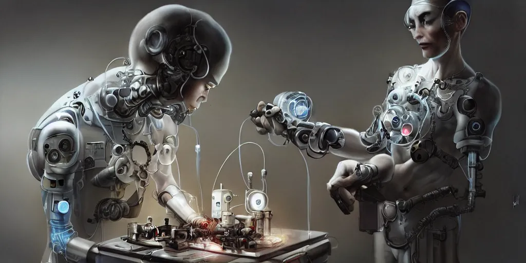 Prompt: hyperrealistic photography of a cyborg priest assisting a scientific machine in the style of Jin Kagetsu, patricia piccinini, James Jean and wlop, highly detailed, masterpiece, award-winning, sharp focus, intricate concept art, ambient lighting, 8k, artstation