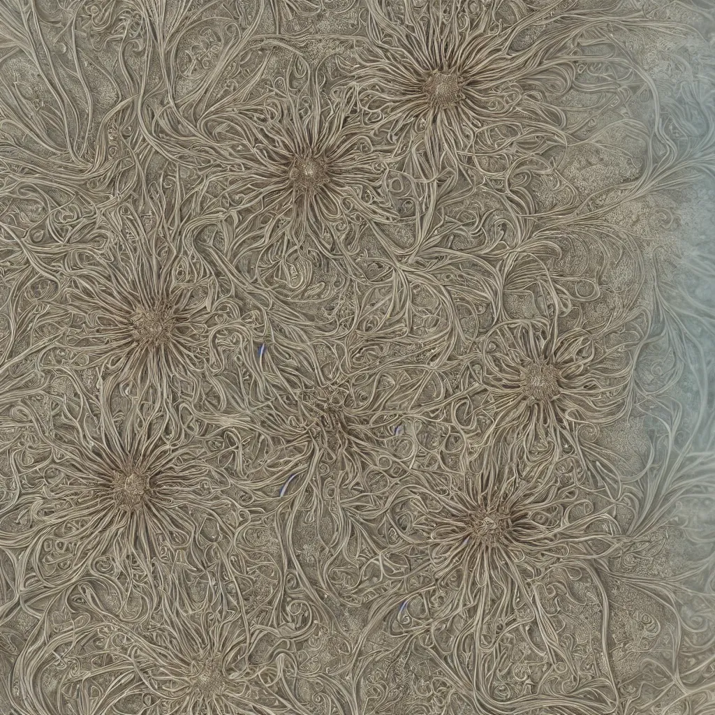 Image similar to complex flower by ernst haeckel! and mary jane ansell, closeup, fractal engravings,, realistic cinema 4 d render, beach sand background, clear focus, very coherent, very detailed