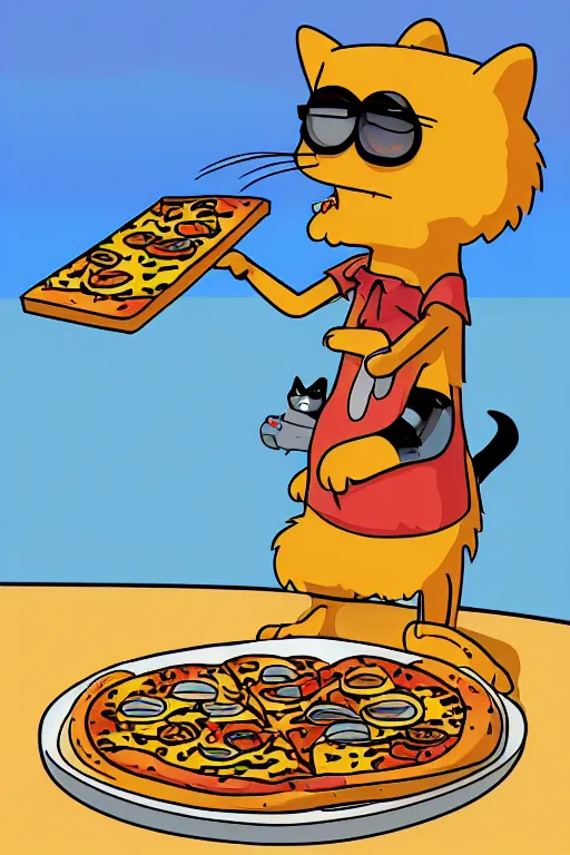 Image similar to digital drawing of a cat eating pizza on the beach by matt groening