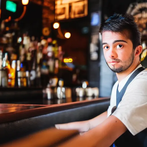 Prompt: I ran into my annoying friend today at the bar, EOS-1D, f/1.4, ISO 200, 1/160s, 8K, RAW, unedited, symmetrical balance, in-frame