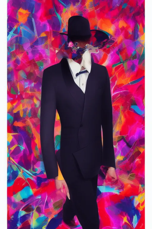 Prompt: male powersuit dapper look artwork of high - end haute couture bespoke fashion by ali sabet, lisa frank & sho murase
