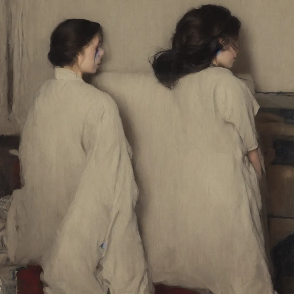 Prompt: girl with long wavy hair, in kimono, backview, sitting on edge of bed, by jeremy lipking, serge marshennikov, joseph todorovitch