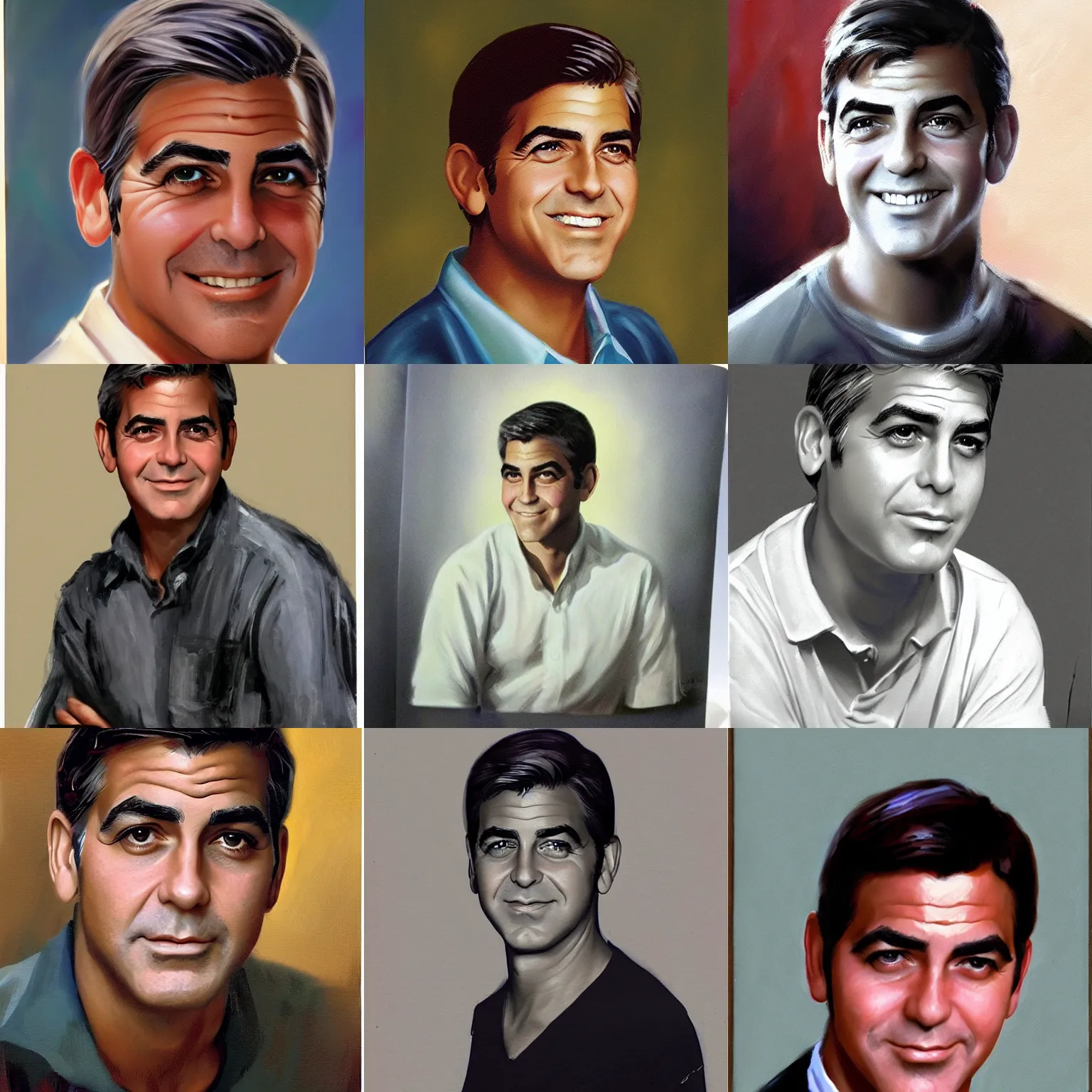 Prompt: yearbook photo of young George Clooney looking awkward, painting!!! by Craig Mullins,