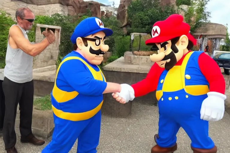 Prompt: a real life wario shaking hands with a real life mario
