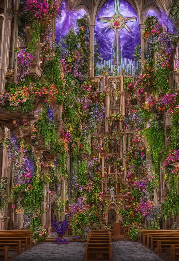 Prompt: a church filled with lots of plants and flowers, a detailed matte painting by david lachapelle, unsplash contest winner, maximalism, sanctuary, made of flowers, ornate, rendered in unreal engine