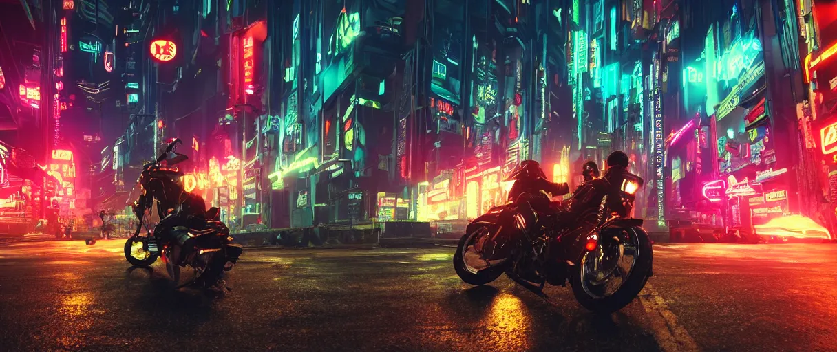 Image similar to a leather-clad thief on a motorcycle making a getaway in a glowing neon cyberpunk city at night by Karl Thiart, unreal engine, cinematic atmosphere, close up viewed from below