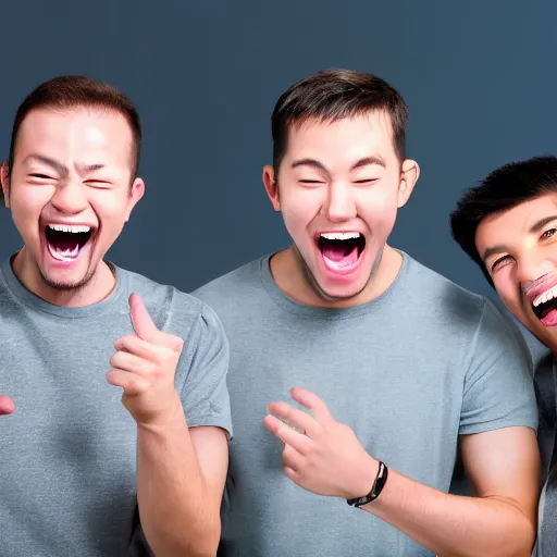 Image similar to several guys typing on keyboard while laughing very hard, mouth wide open tsticking tongues out, studio light, grey background, centered, photorealsitic