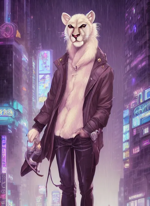 Image similar to award winning beautiful portrait commission of a male furry anthro albino mountain lion fursona with a tail and a cute beautiful attractive detailed furry face wearing stylish cyberpunk clothes in a cyberpunk city at night while it rains. Vaporwave. Character design by charlie bowater, ross tran, artgerm, and makoto shinkai, detailed, inked, western comic book art