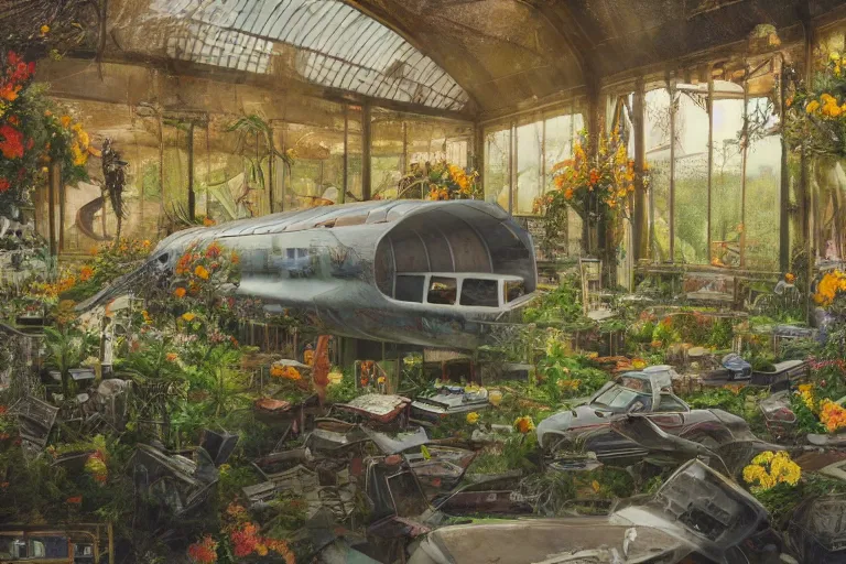 Image similar to hyperrealism, scene from church, thunderstorm, starship, junkyard, louisiana swamps, orange blooming flowers garden, 8 k, 8 0 s japanese sci - fi books art