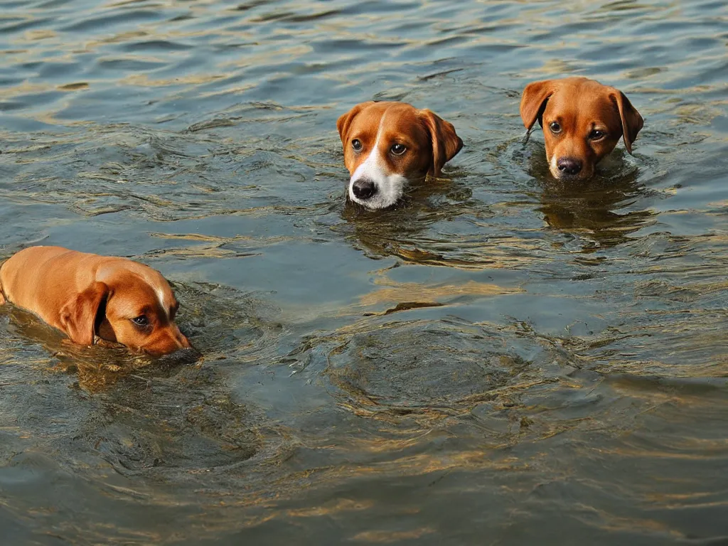 Image similar to a dog!!!!!!!!!!!! looking!!!!! down!!!!!, reflection!!!!! in water, ripples, small stream, beautiful!!!!!! photograph, golden hour, high resolution, national geographic