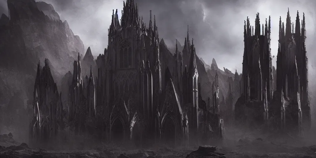 Image similar to dark gothic cathedral, gothic architecture, at the top of a red rock canyon, artstation concept art, beautiful matte painting, ultrawide angle