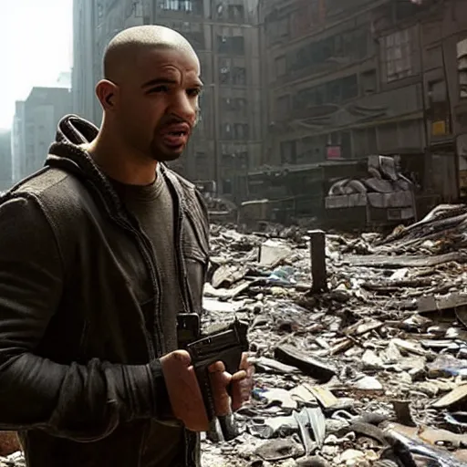 Prompt: Drake as Robert Neville in I Am Legend (2007), post apocalyptic city, environment 8k, ruins