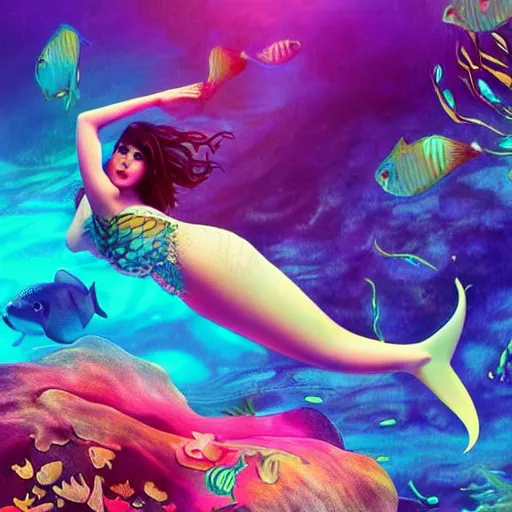 Image similar to Dua Lipa as a mermaid, underwater, colorfull, high detail, cinematic, digital art
