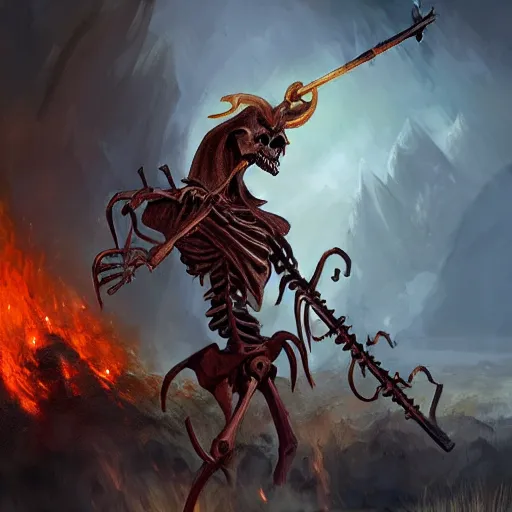 Image similar to a cloaked skeleton demon holding a spear watching a house on fire, firestorm, highly detailed digital art, oil on canvas, trending on Artstation, award-winning