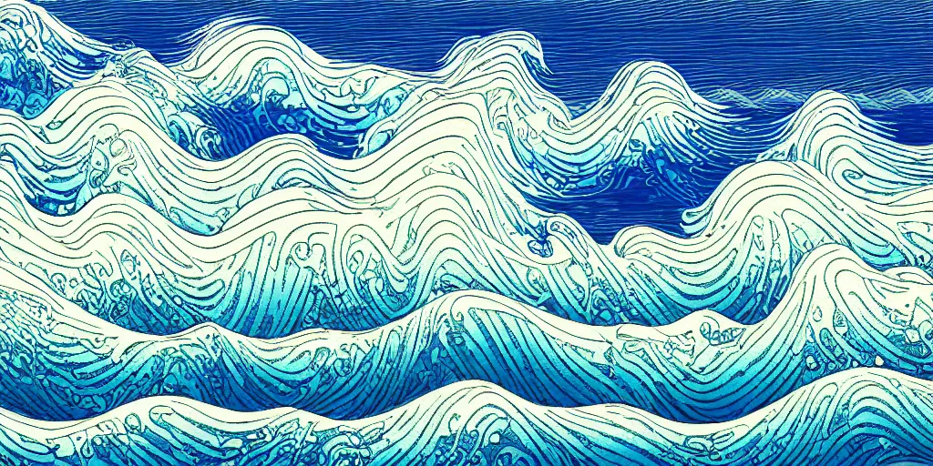 Image similar to clouds and waves, An aesthetically pleasing, dynamic, energetic, lively, complex, intricate, detailed, well-designed digital art of a beach, ripples, waves, sea foam, light and shadow, overlaid with aizome patterns, Shin-hanga by Bob Ross, traditional Japanese colors, superior quality, masterpiece