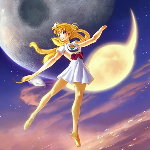 Image similar to Sailor Moon jumping across the sky with Moon and planets in background, nature unity, planets align, high detail, upscale, art by artgerm and greg rutkowski and alphonse mucha