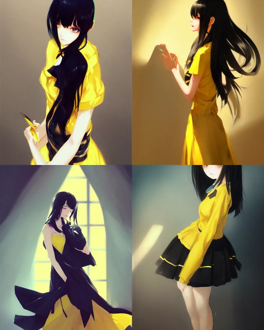 Prompt: ggirl with black hair and yellow dress, half - length photo, illustration, perfectly shaded, atmospheric lighting, by wlop an krenz cushart