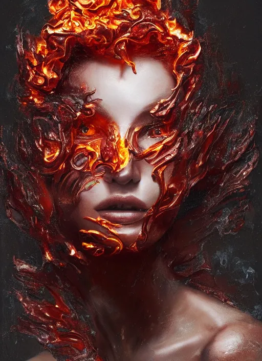 Image similar to sculpture made of flame, portrait, female, future, torch, fire, harper's bazaar, vogue, fashion magazine, intricate, concept art, close up, ornate, luxury, elite, elegant, trending on artstation, by ruan jia, by Kenneth Willardt, by ross tran, by WLOP, by Andrei Riabovitchev,