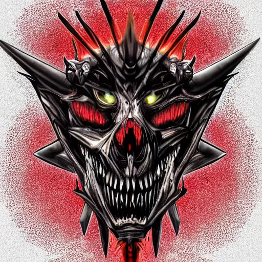 Prompt: a dark matter schizophrenia sphare limbo digital art angry portrait demon in iron armor and dragon bones with diamonds sits on the black throne of death and looks with red eyes into the darkness against the background of a bright red sun