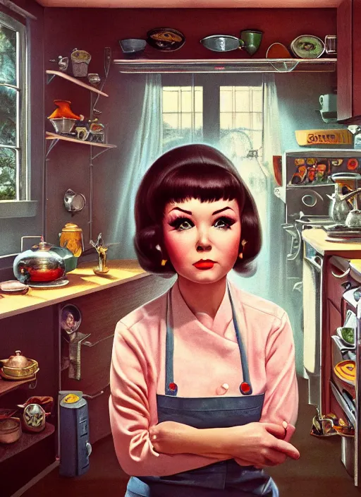 Prompt: highly detailed wide - angle portrait of a retro 1 9 6 0 s kitchen, nicoletta ceccoli, mark ryden, lostfish, earl nore, hyung tae, frank frazetta, global illumination, god rays, detailed and intricate environment