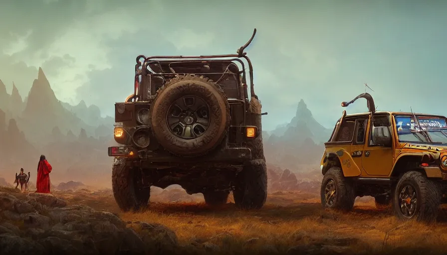 Image similar to Mahindra thar, tribe members watching nearby, an epic fantasy, dramatic lighting, cinematic, establishing shot, extremely high detail, photorealistic, cinematic lighting, artstation, by simon stalenhag, horizon forbidden west