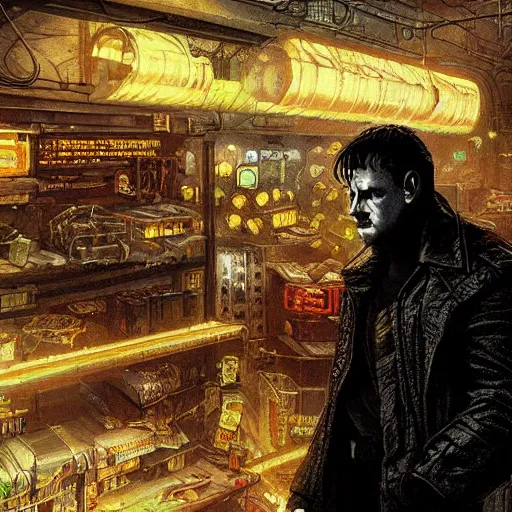 Prompt: cyberpunk merchant in their shop, Industrial Scifi, detailed illustration, Chiaroscuro, concept art, blade runner 2049, by Martin Grip and Moebius