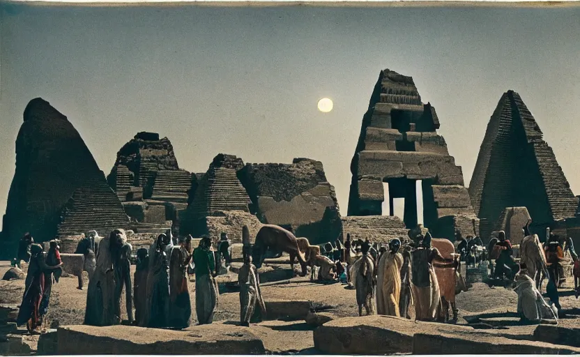 Image similar to a 1 9 5 0's technicolor cinematic scene of egyptian gods with animal heads, having a ceremony in a moonlit temple in karnak