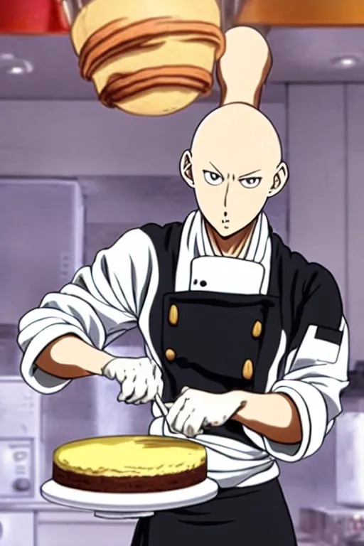 Image similar to chef saitama one punch man, dressed as a pastry chef, making a cake, anime artwork