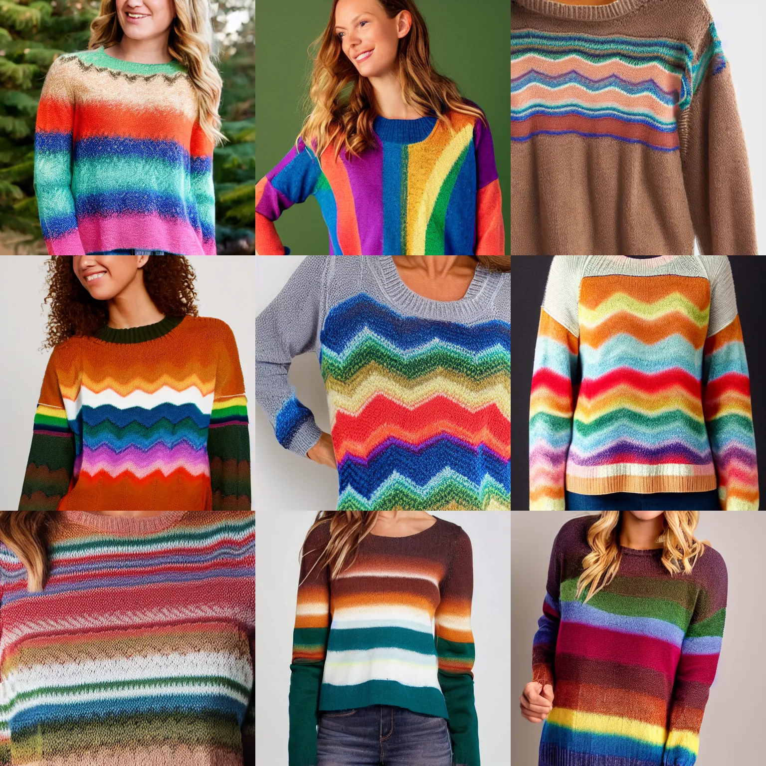 Prompt: loosely cropped product photo of a sweater with an earth toned rainbow chevron pattern