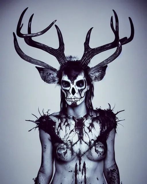 Prompt: deer - skull sisters ghost - spirit of the grim - warpaint wears the scarlet skull armor and native blood headdress antlers, midnight fog - mist!, cinematic lighting, various refining methods, micro macro autofocus, ultra definition, award winning photo, photograph by ghostwave - gammell - giger - shadowlord