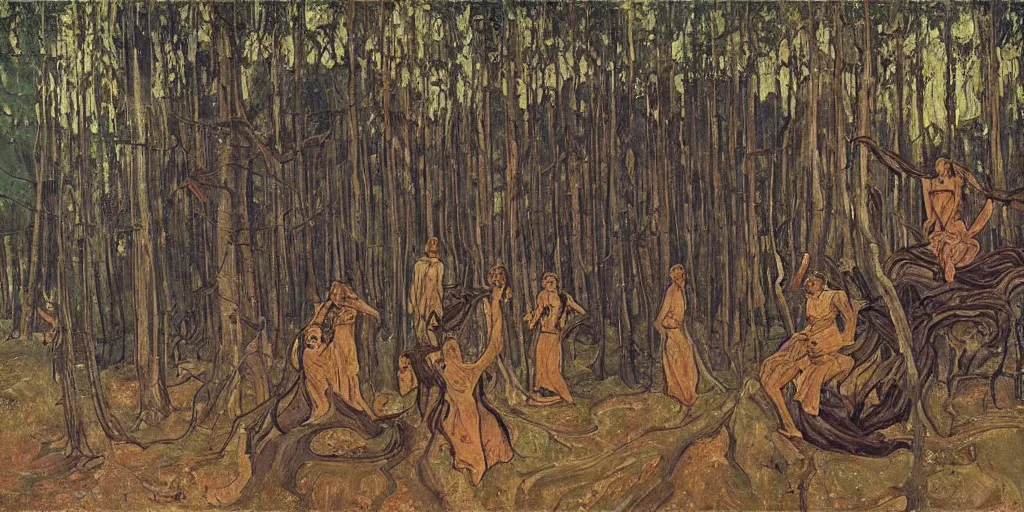 Prompt: oil painting huge spider with witches in forest by ferdinand hodler