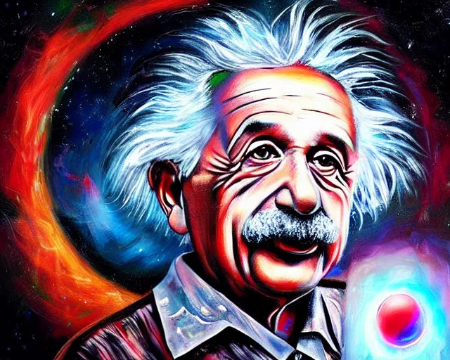 Image similar to albert einstein holding a black hole, psytrance portrait artwork, by sam spratt and ondrash