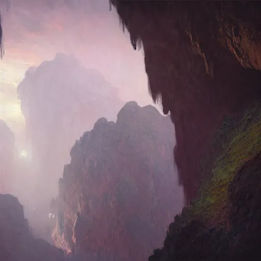 Prompt: a hazy volcanic cavern, matte painting by Greg rutkowski, monet, trending on artstation,