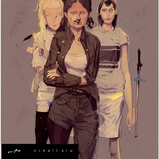 Prompt: portrait of stoic heroic blonde tomboy butch woman engineer and tall brunette goth feminine woman standing back to back by atey ghailan, by greg rutkowski, by greg tocchini, by james gilleard, by joe fenton, by kaethe butcher, dynamic lighting, gradient light blue, brown, blonde cream and white color scheme, grunge aesthetic