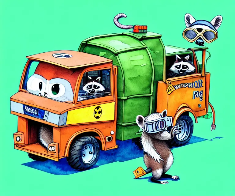 Image similar to cute and funny, racoon wearing goggles driving a tiny garbage truck, ratfink style by ed roth, centered award winning watercolor pen illustration, isometric illustration by chihiro iwasaki, edited by craola, tiny details by artgerm and watercolor girl, symmetrically isometrically centered