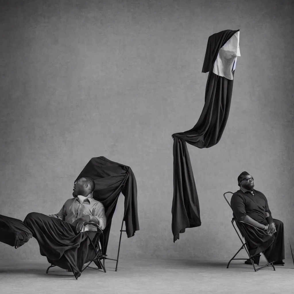 Image similar to Large black man sitting on chair, setting covered by large folding silky curtains, dark, 8K photo realistic, black and white color, dimly lit, top light, dark