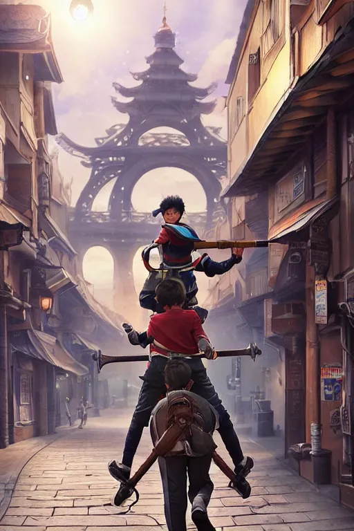 Image similar to ultra detailed keyart of sci - fy movie, a boy carrying a sword in his back is riding a simple bycycle in the main street of isekai shinjuku