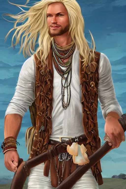 Prompt: a hippy male ranger, dnd, wearing a leather vest and white linen pants, wearing a a shell necklace, long swept back blond hair, a bongo, nunchuku, digital art