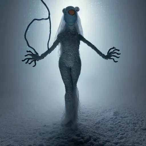 Image similar to humanoid ethereal ghostly live action muppet wraith like figure with a lightbulb jellyfish head with two very long tentacles for arms that flow gracefully at its sides with a long fuzzy snake tail in place of its legs, it stalks around the frozen tundra searching for lost souls and that hide in the shadows in the trees, this character can control the ice, snow, shadows, and electricity, it is a real muppet by sesame street, photo realistic, real, realistic, felt, stopmotion, photography, sesame street