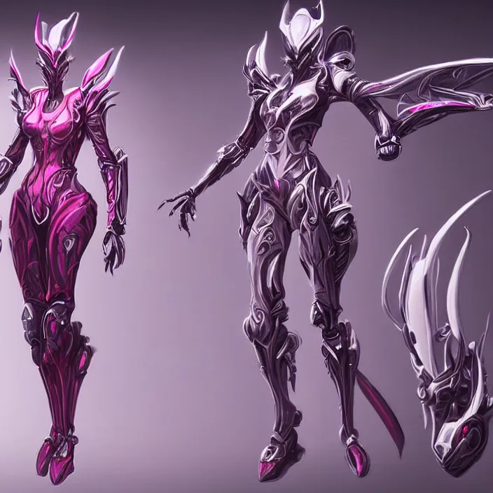 Image similar to highly detailed exquisite fanart, of a beautiful female warframe, but as a stunning anthropomorphic robot female dragon, standing elegantly with hand on hip, shining reflective off-white plated armor, slick elegant design, bright Fuchsia skin, sharp claws, close full body shot, epic cinematic shot, realistic, professional digital art, high end digital art, DeviantArt, artstation, Furaffinity, 8k HD render, epic lighting, depth of field