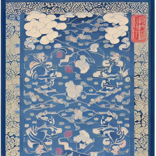 Image similar to A blue colored Japanese ukiyo-e rug with a Persian rug edge.,with soft pink colors