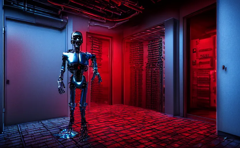 Prompt: terminator without flesh, staying in front of server room. extreme long shot, high detail, low saturated red and blue light, cinematic colors