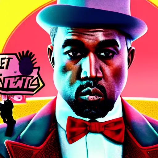 Image similar to Kanye West as willy wonka in fallout new vegas, splash art, movie still, cinematic lighting, dramatic, octane render, long lens, shallow depth of field, bokeh, anamorphic lens flare, 8k, hyper detailed, 35mm film grain